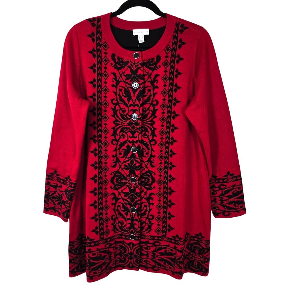 Susan Graver Cardigan Women's M Red Black Nordic Scandinavian Festive Career